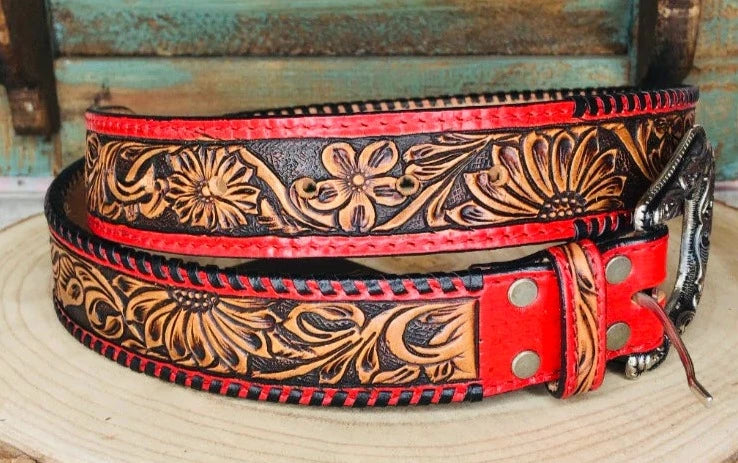 American Darling Tooled Leather Belt - Red Floral