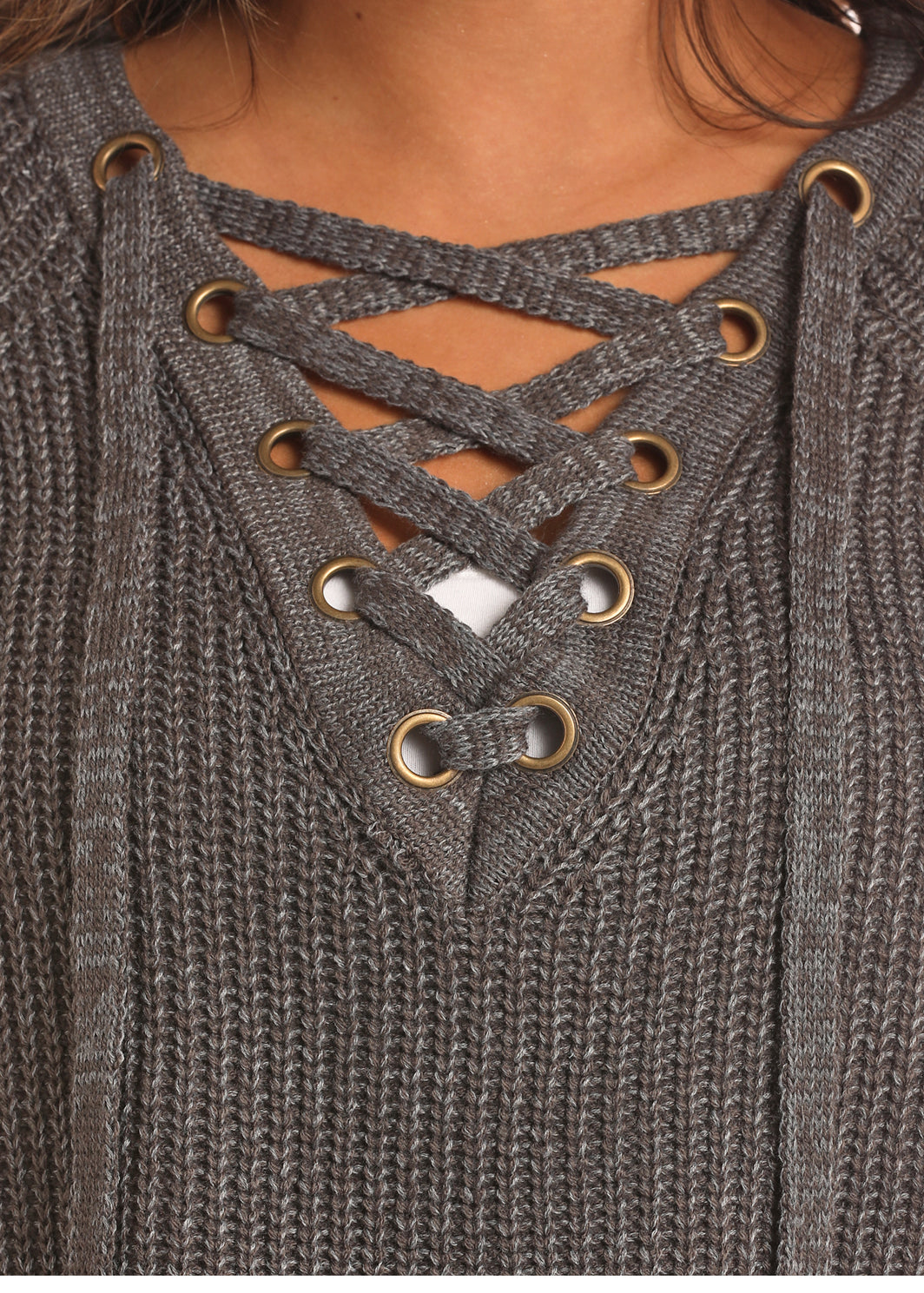 Rock and Roll Cowgirl Grey Lace-Up Sweater