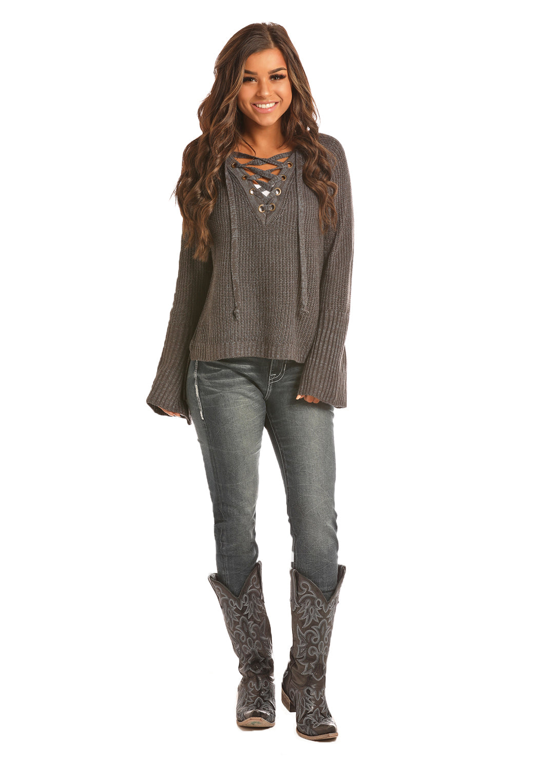 Rock and Roll Cowgirl Grey Lace-Up Sweater