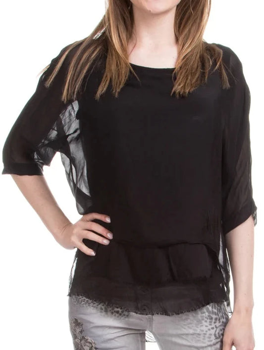 CARMELINA SILK KAFTAN ROUND NECK TOP in BLACK