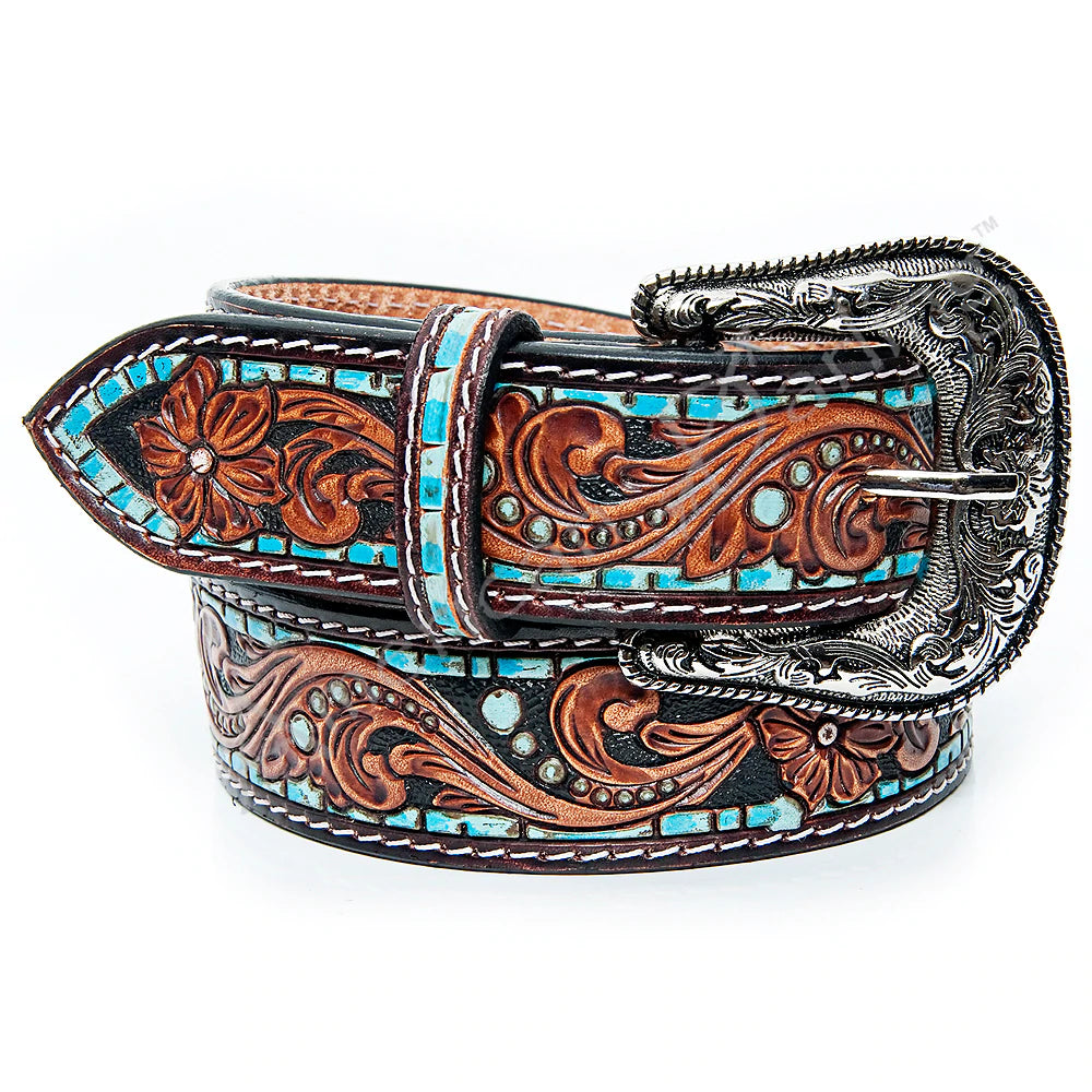 American Darling Tooled Leather Belt - Turquoise