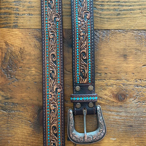 American Darling Tooled Leather Belt - Turquoise Accent Floral