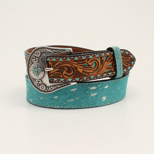 ANGEL RANCH LADIES BELT 1 1/2 BUCK STITCH TOOLED TABS CALF HAIR TURQUOISE