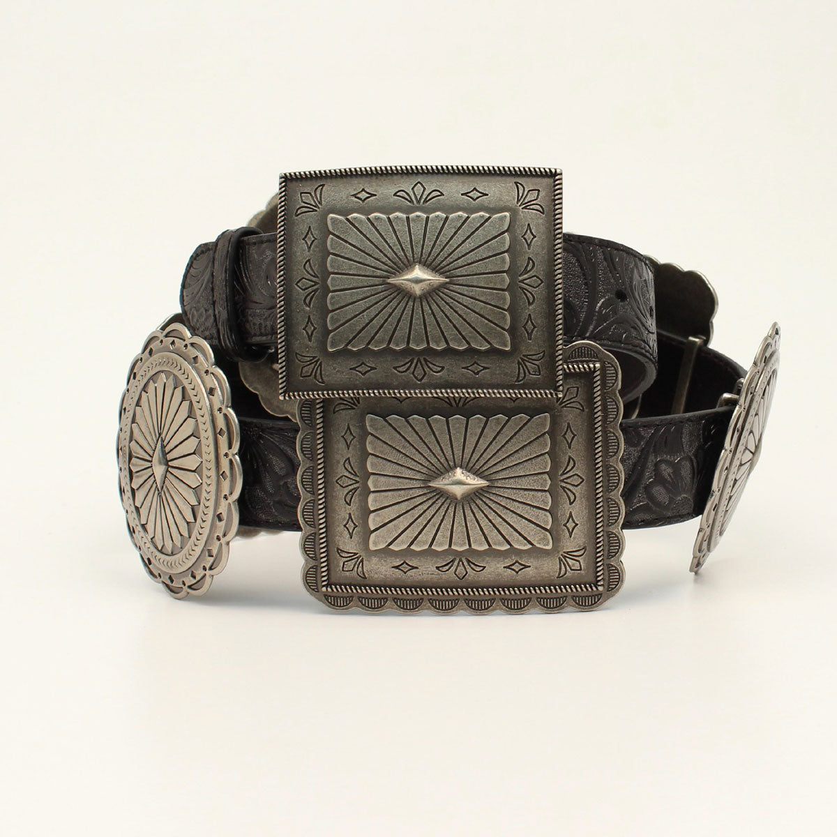 LADIES BLACK LEATHER CONCHO BELT