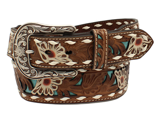 ARIAT LADIES BELT 1 1/4 - 1 1/2 FLORAL PIERCED LACING