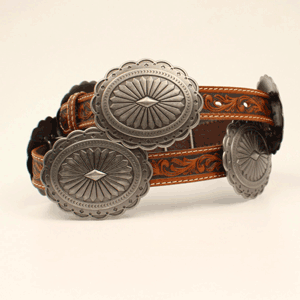 ARIAT LADIES TOOLED FLORAL BELT TAN WITH CONCHOS