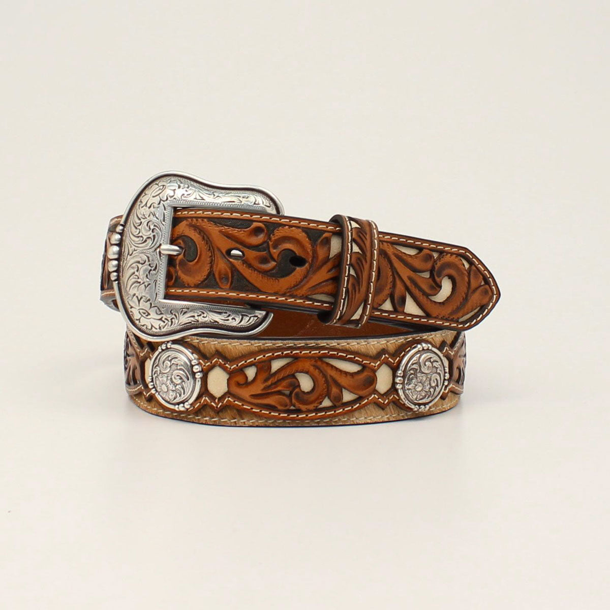 ARIAT MENS BELT CALF HAIR TOOLED TABS ROUND CONCHOS BROWN