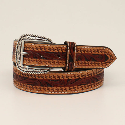 ARIAT MENS BELT ZIG ZAG EDGE FLORAL TOOLED TAN