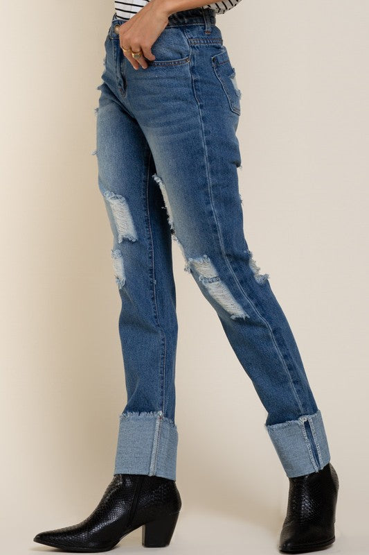 Straight Cut Destroyed Jeans with Raw Edge Cuff