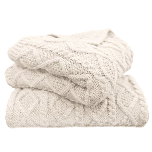 CABLE KNIT SOFT WOOL THROW BLANKET in CREAM