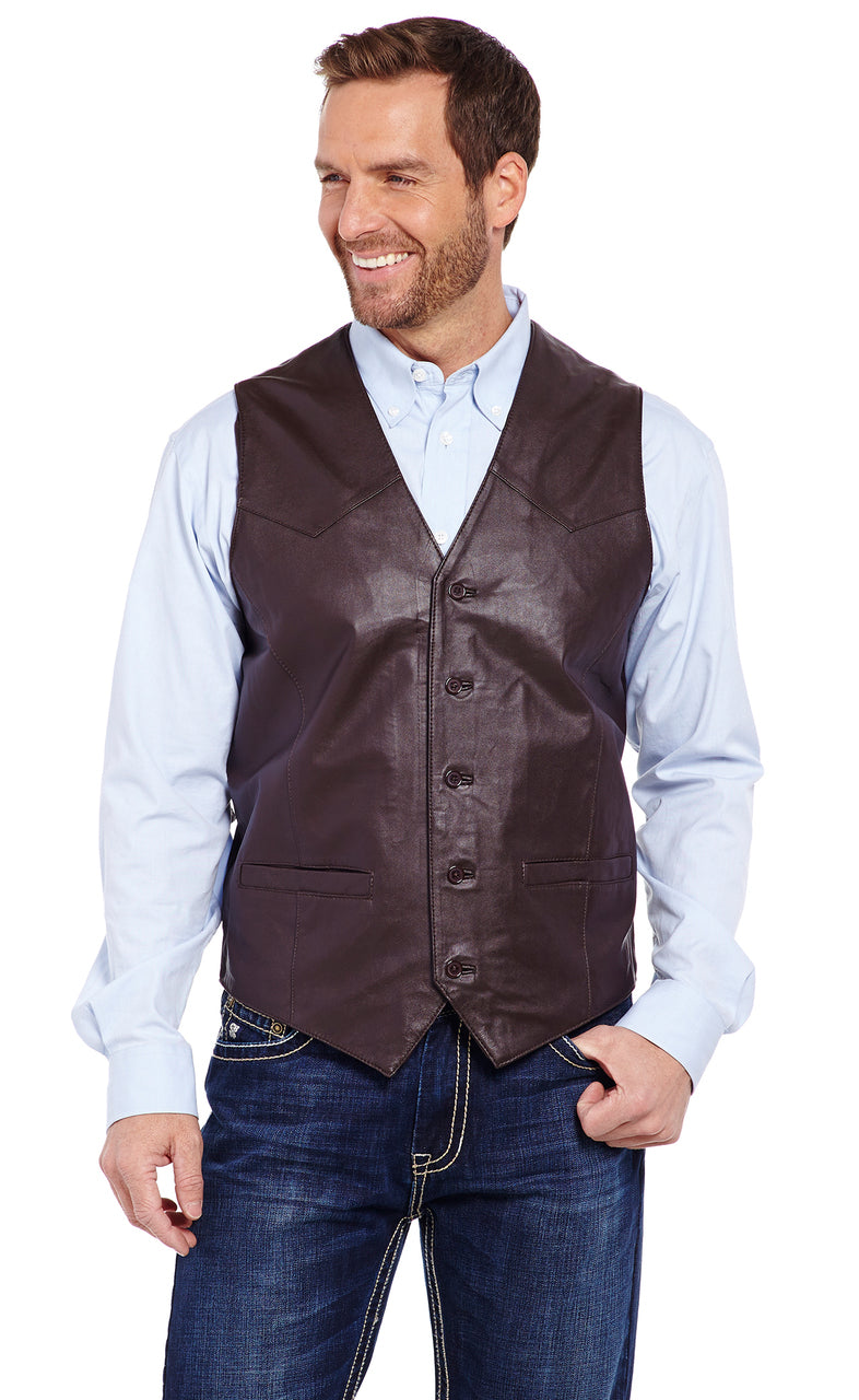 MEN'S BUTTON FRONT LAMB LEATHER VEST in CHOCOLATE