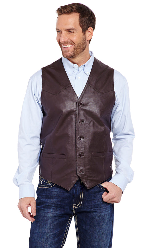 MEN'S BUTTON FRONT LAMB LEATHER VEST in CHOCOLATE