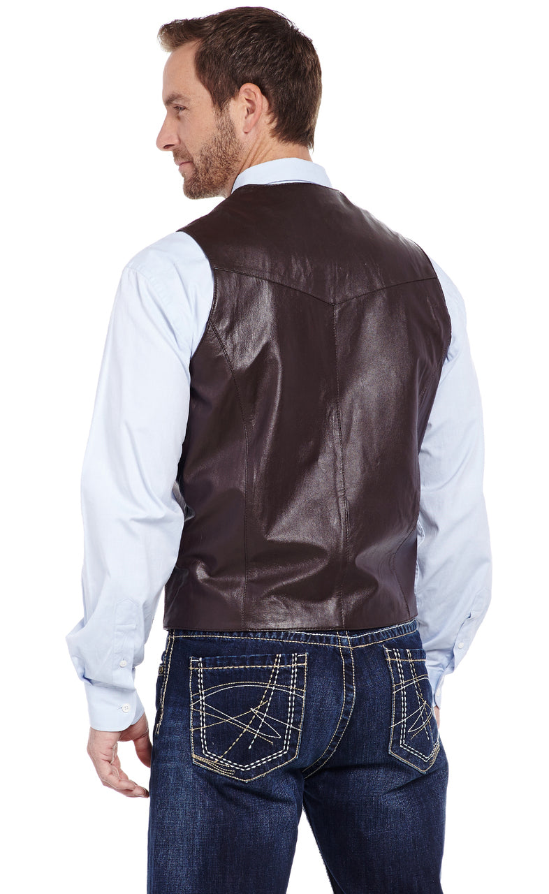 MEN'S BUTTON FRONT LAMB LEATHER VEST in CHOCOLATE