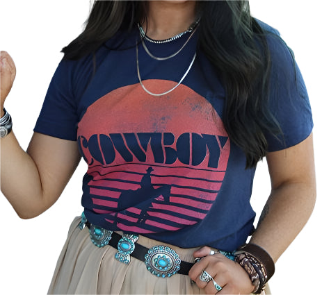 DISTRESSED COWBOY TEE SHIRT IN A NAVY