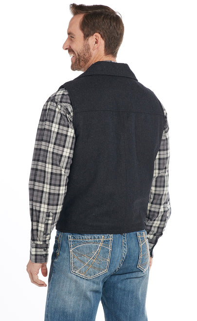 MEN'S WOOL MELTON SNAP FRONT COLLARED VEST WITH CONCEALED CARRY POCKET in BLACK