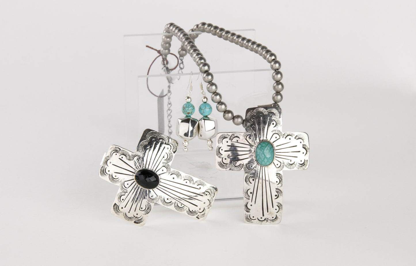 Silver Cross Pendant With Black or Turquoise Stone