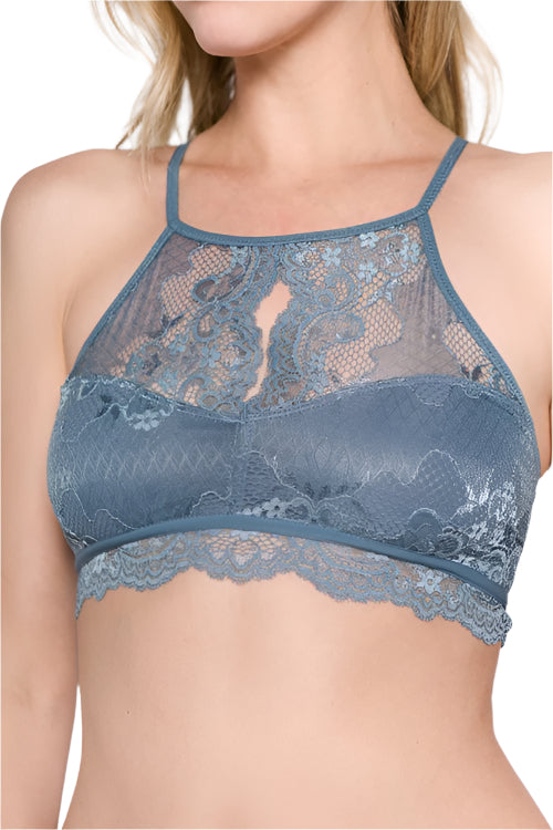 HIGH NECK LACE HALTER BRALETTE in STONE