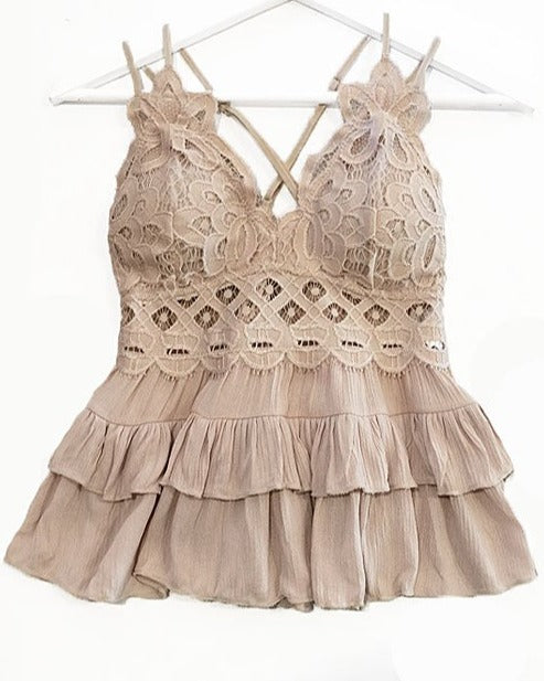 CAMI LACE RUFFLED TANK TOP in MISTY ROSE