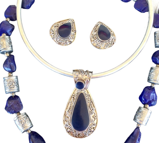 Silver and Lapis Pendant & Clip-On Earrings Set
