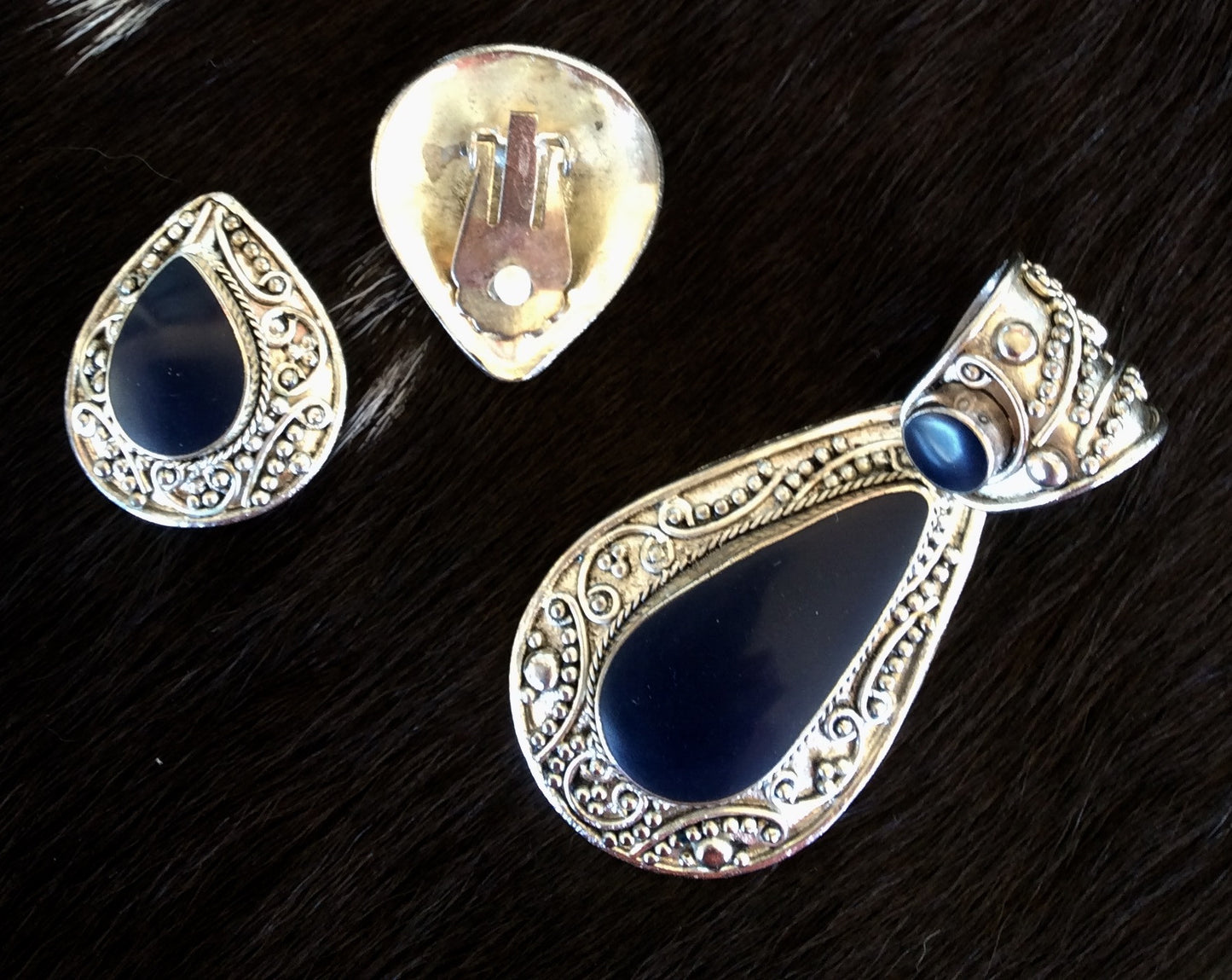 Silver and Lapis Pendant & Clip-On Earrings Set