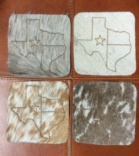 Cowhide Coasters with Lazer Printed Map of Texas