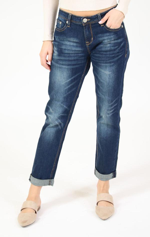 Grace In LA Dark Wash Cuffed Boyfriend Jeans