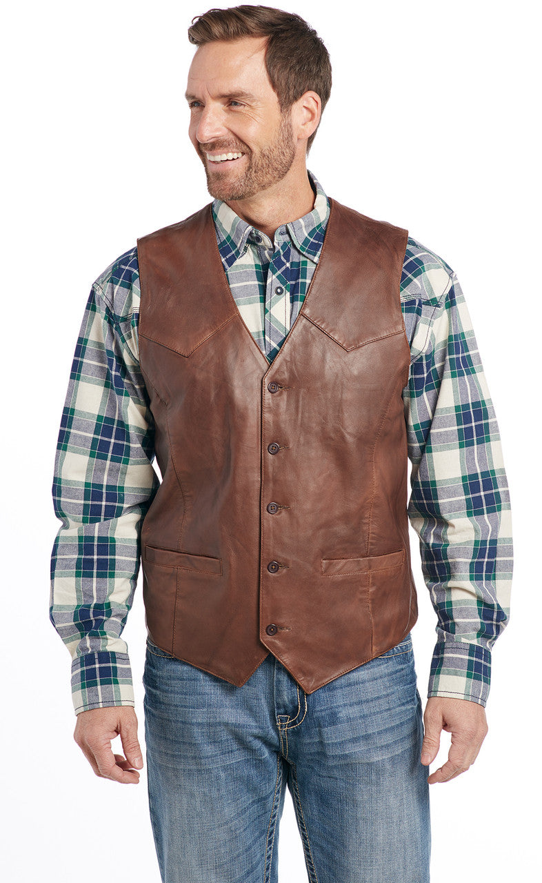 CRIPPLE CREEK MEN'S BUTTON FRONT LAMB NAPPA VEST in BROWN