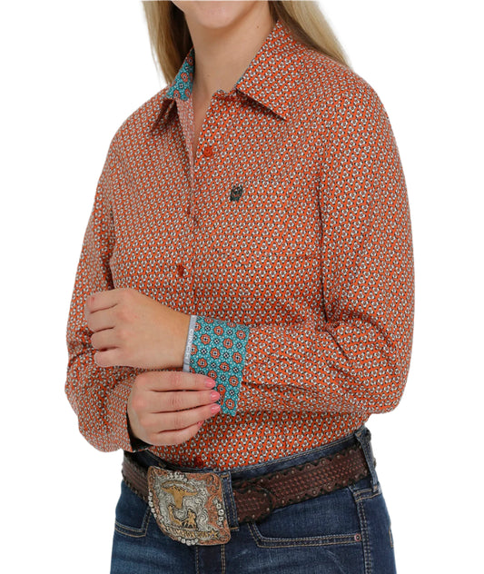 CINCH WOMEN'S BUTTON-DOWN WESTERN SHIRT - ORANGE / CREAM