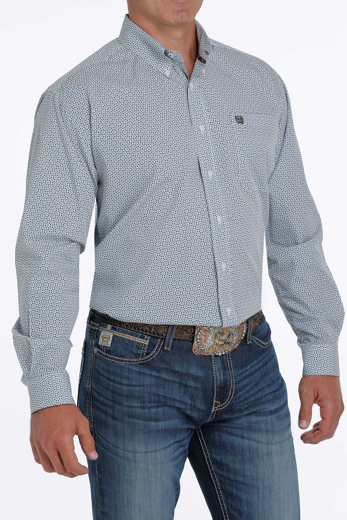 Cinch Blue Geometric Pattern Long Sleeve Shirt