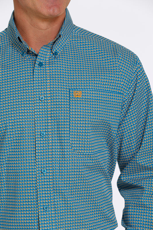 CINCH MEN'S SQUARE PRINT BUTTON-DOWN WESTERN SHIRT - AQUA