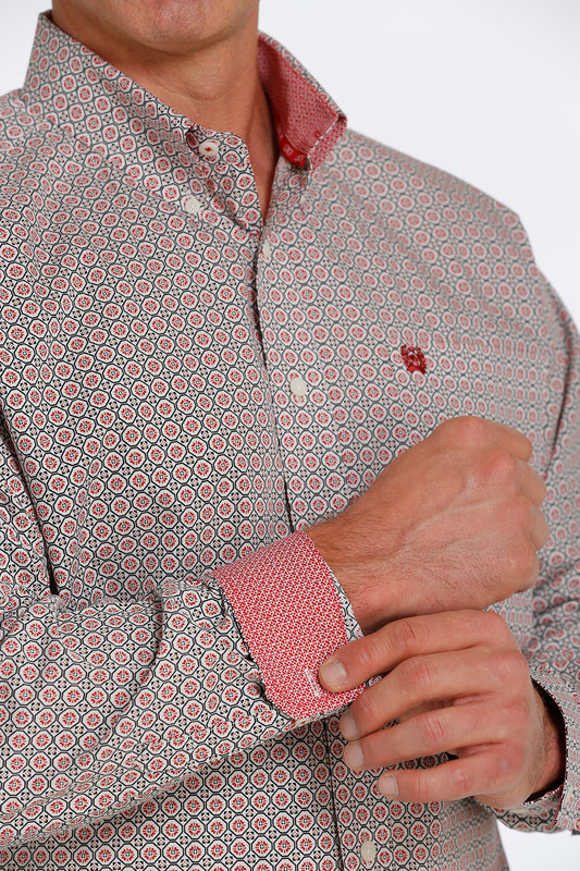 CINCH GEOMETRIC PRINT BUTTON-DOWN WESTERN SHIRT - CREAM/ RED