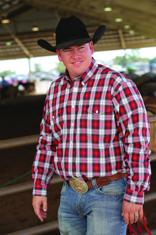 Cinch Red and Black Plaid Double Pocket Long Sleeve Shirt