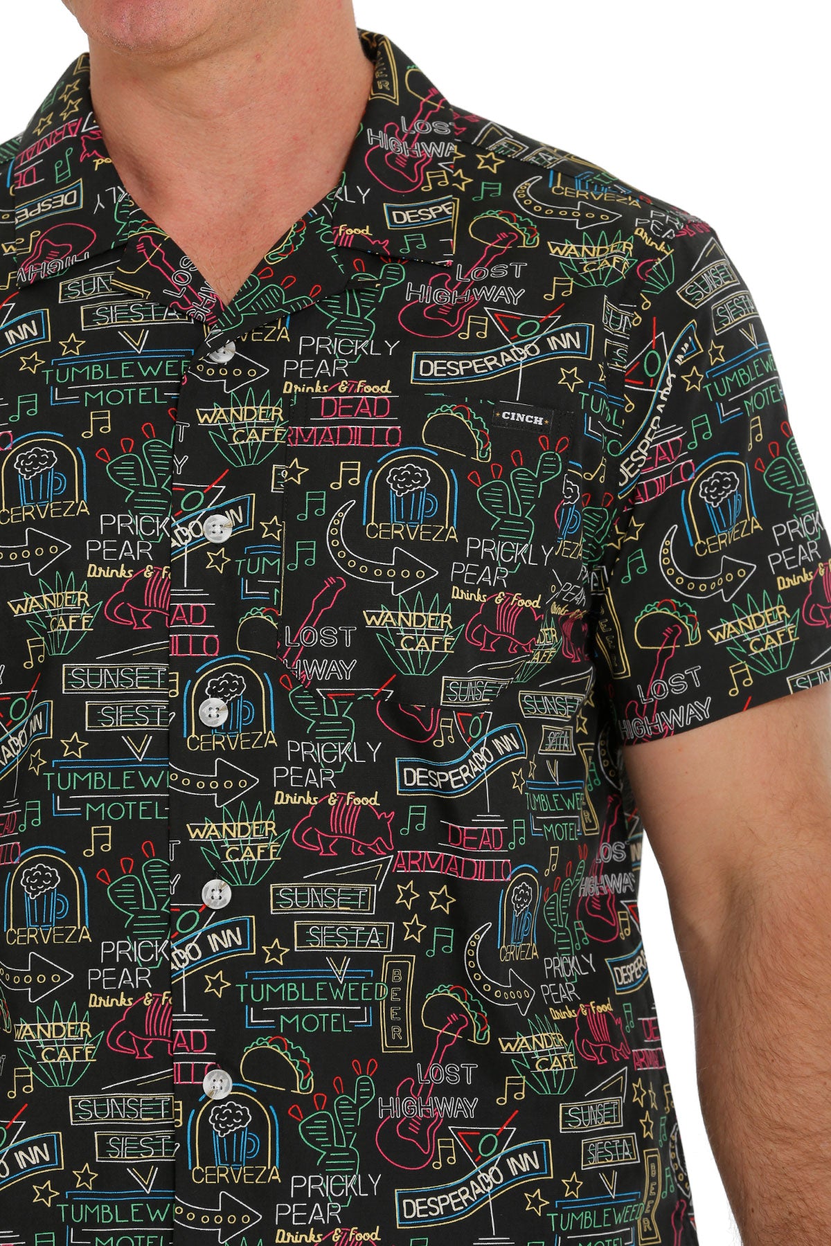 CINCH MEN'S NEON SIGN PRINT SHORT SLEEVE CAMP SHIRT - BLACK
