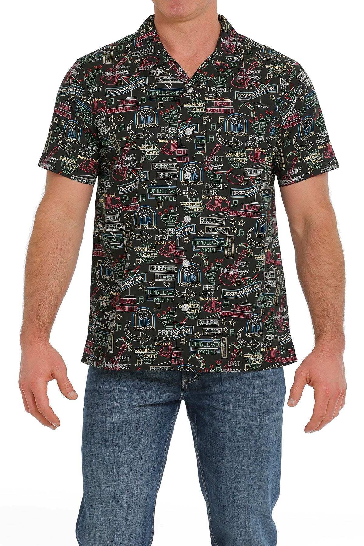 CINCH MEN'S NEON SIGN PRINT SHORT SLEEVE CAMP SHIRT - BLACK