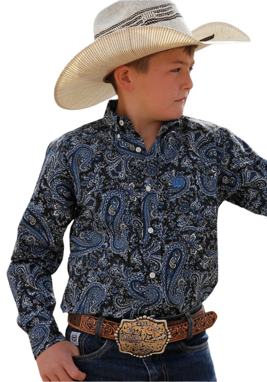 CINCH BOYS PAISLEY PRINT BUTTON DOWN WESTERN SHIRT- BLACK & BLUE