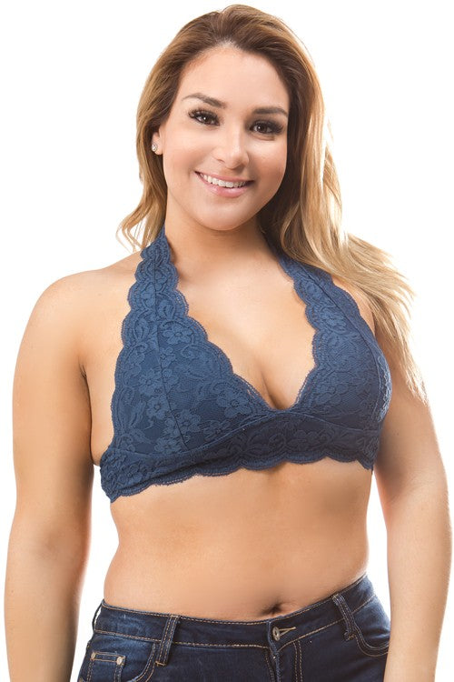 PLUS LACE HALTER BRALETTE NAVY