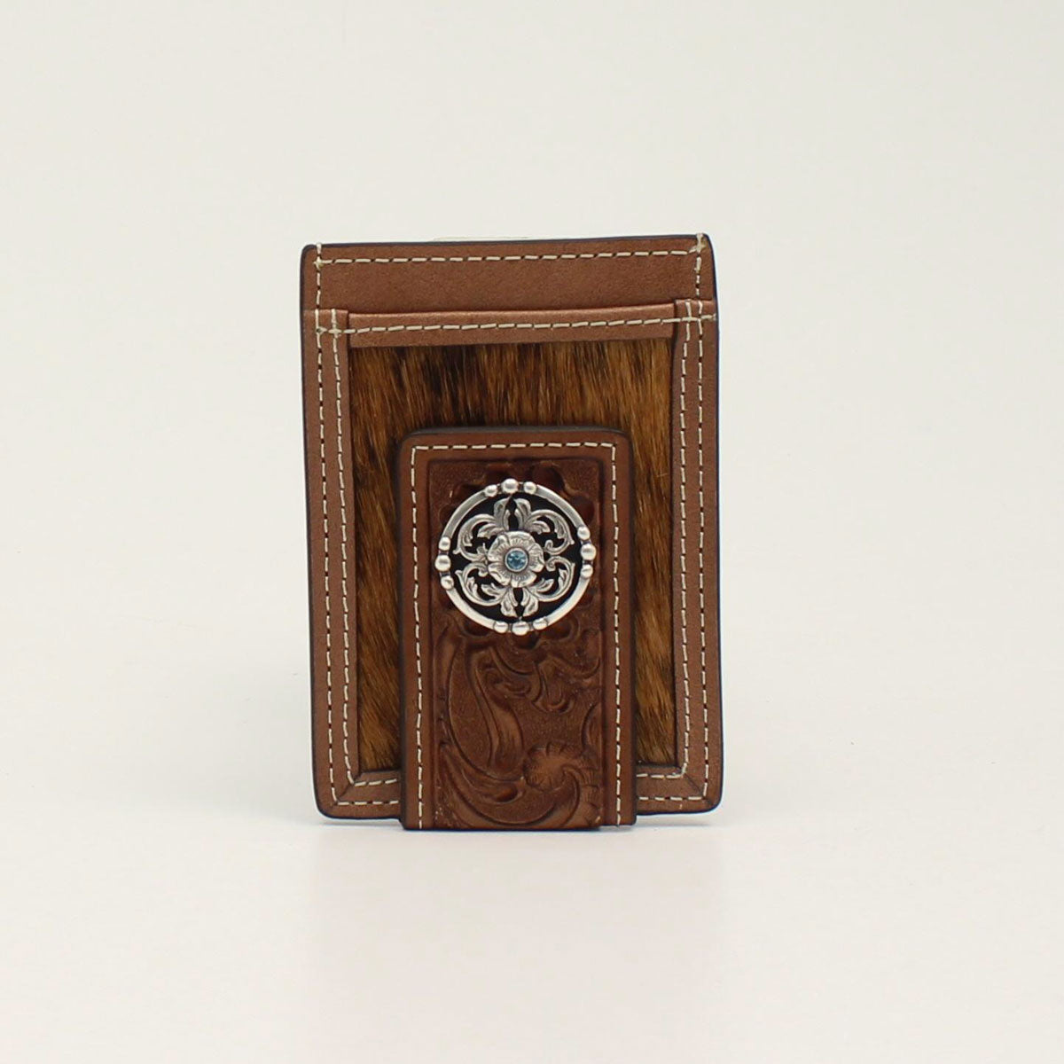 NOCONA BIFOLD MONEY CLIP CALF HAIR ROUND CONCHO BROWN
