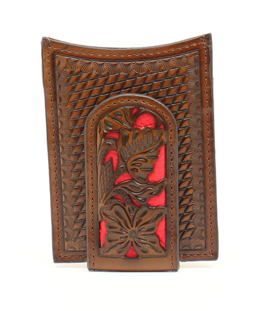 NOCONA FLORAL EMBOSSED LEATHER MONEY CLIP W/RED UNDERLAY