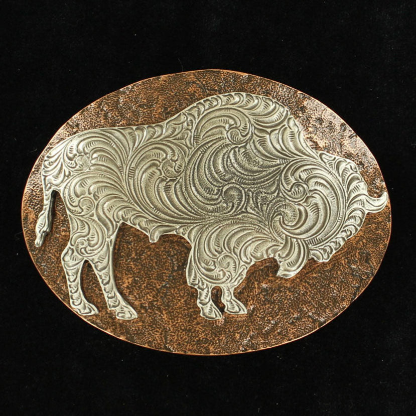 OVAL BUCKLE HAMMERED EDGE COPPER BACKGROUND SILVER BUFFALO