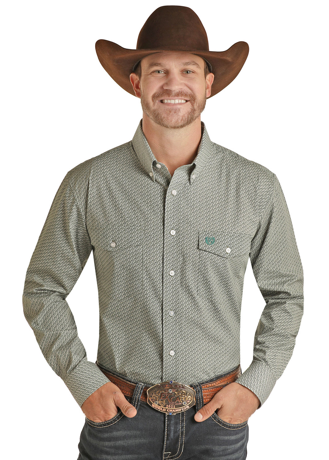 Panhandle Men's Select Geo Poplin Print Long Sleeve Button Down