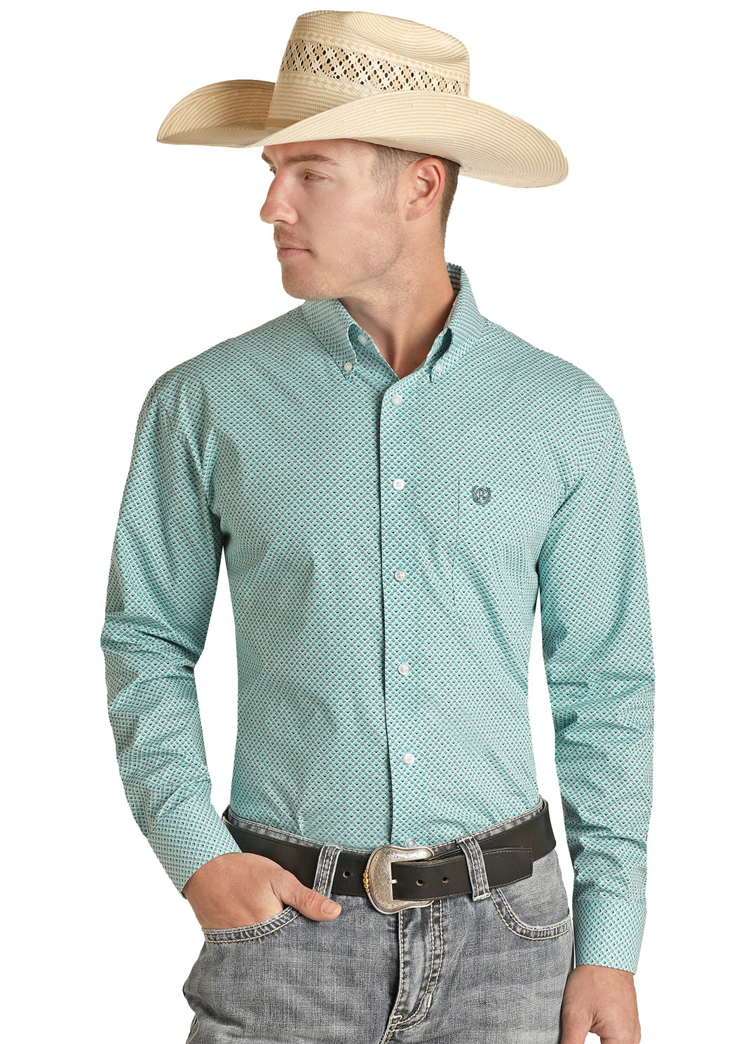 Panhandle Men's Select Geo Poplin Print Long Sleeve Button Down - Turquoise