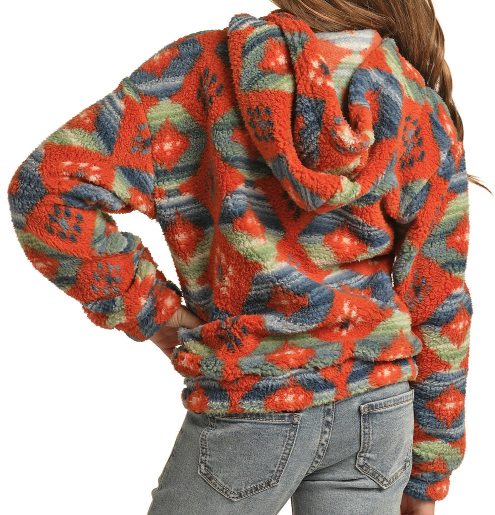 Rock & Roll Girls' Vibrant Aztec Sherpa Pullover BURNT ORANGE