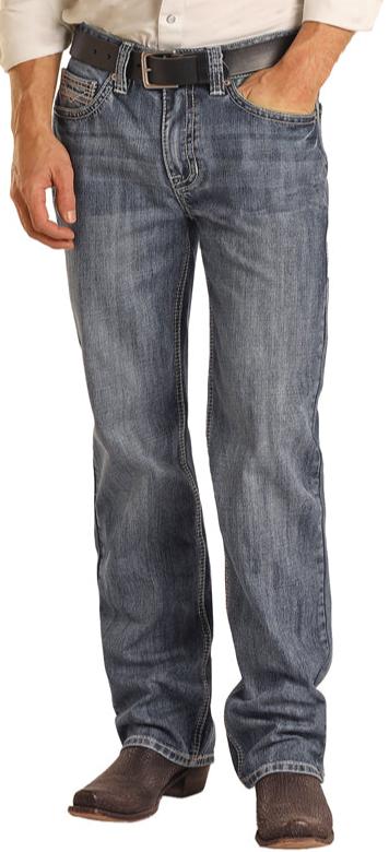 ROCK & ROLL MEN'S RELAXED FIT TWO TONE MEDIUM WASH STRAIGHT BOOTCUT JEANS