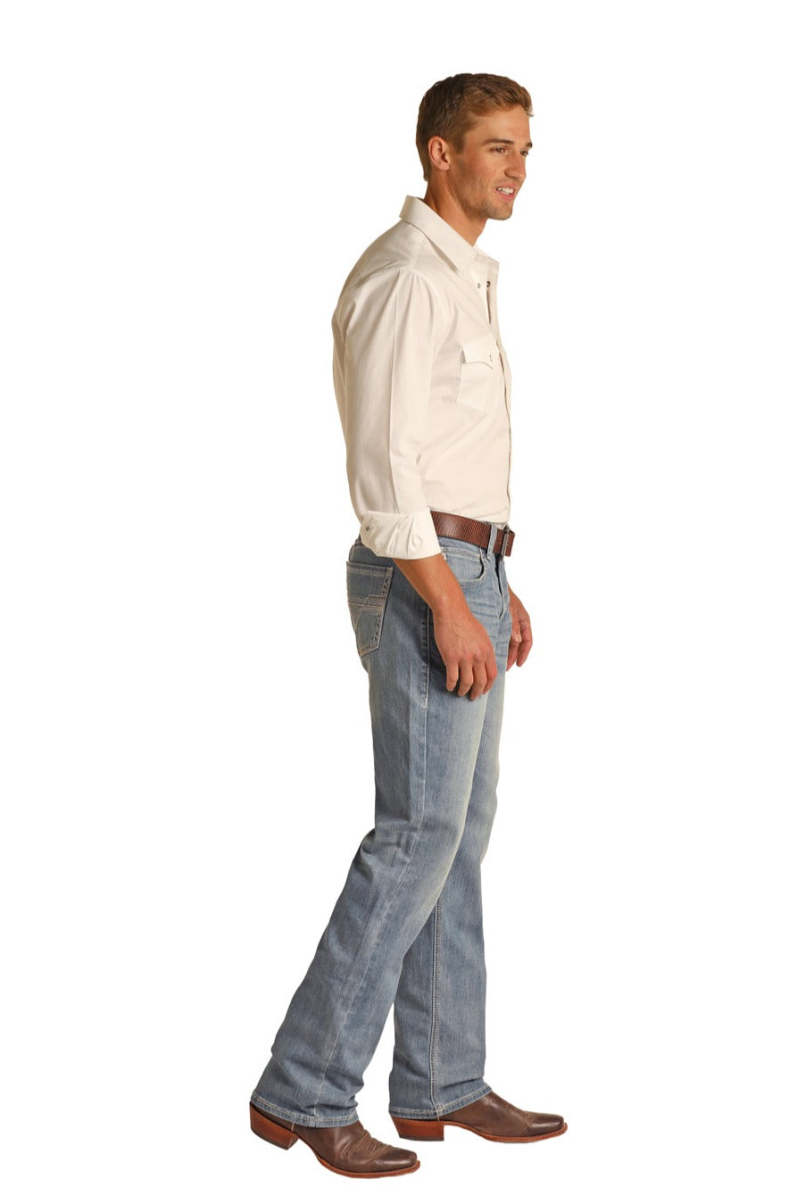 ROCK & ROLL MEN'S RELAXED TAPERED STRETCH STACKABLE BOOTCUT JEANS