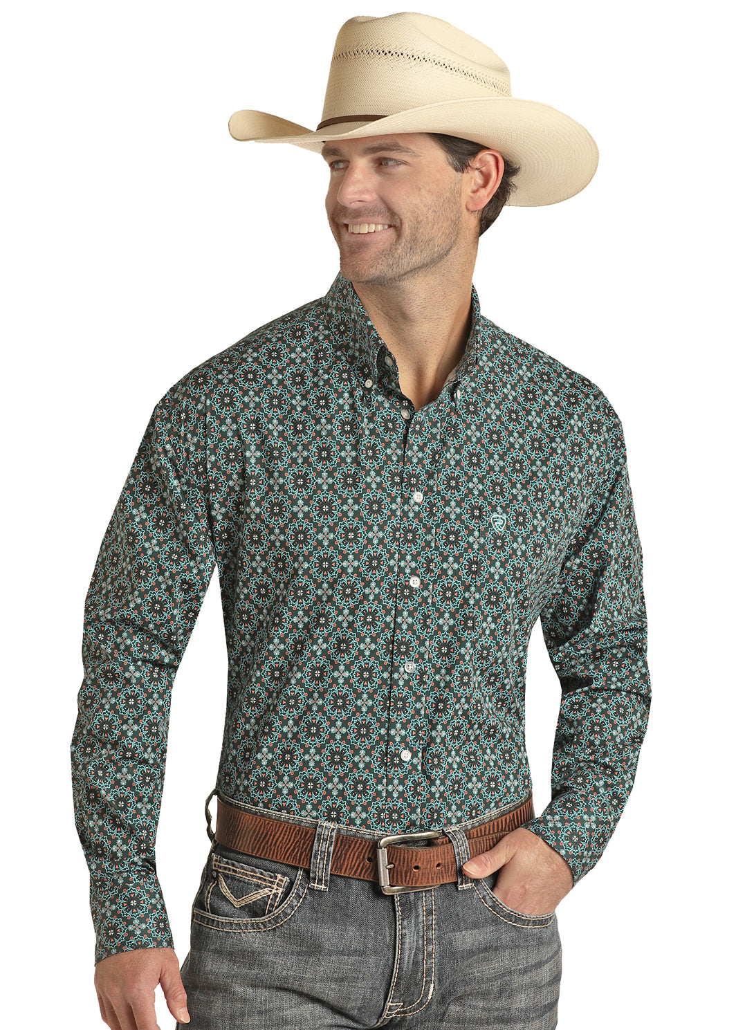 ROCK & ROLL TEAL MEDALLION PRINT SHIRT | MENS SHIRT