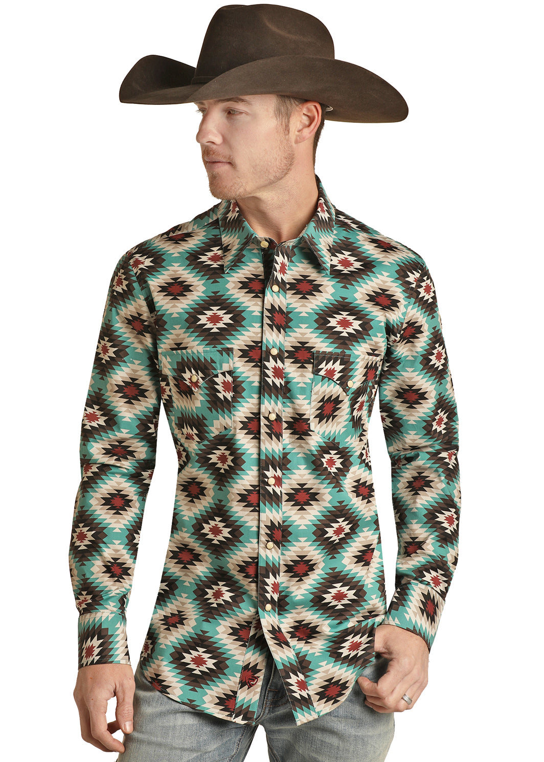 ROCK & ROLL DENIM MENS LONG SLEEVE AZTEC WOVEN SNAP