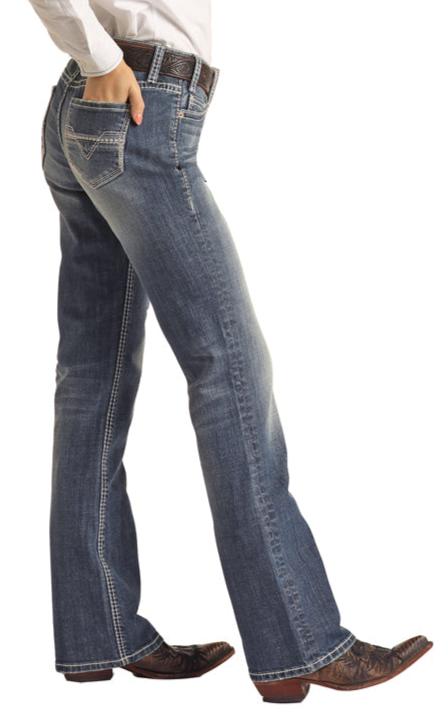ROCK & ROLL LADIES MID RISE STRETCH IVORY V BOOTCUT RIDING JEANS