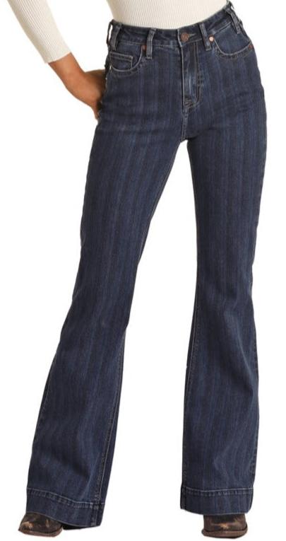 Rock & Roll Ladies Medium Wash Striped High Rise Trouser