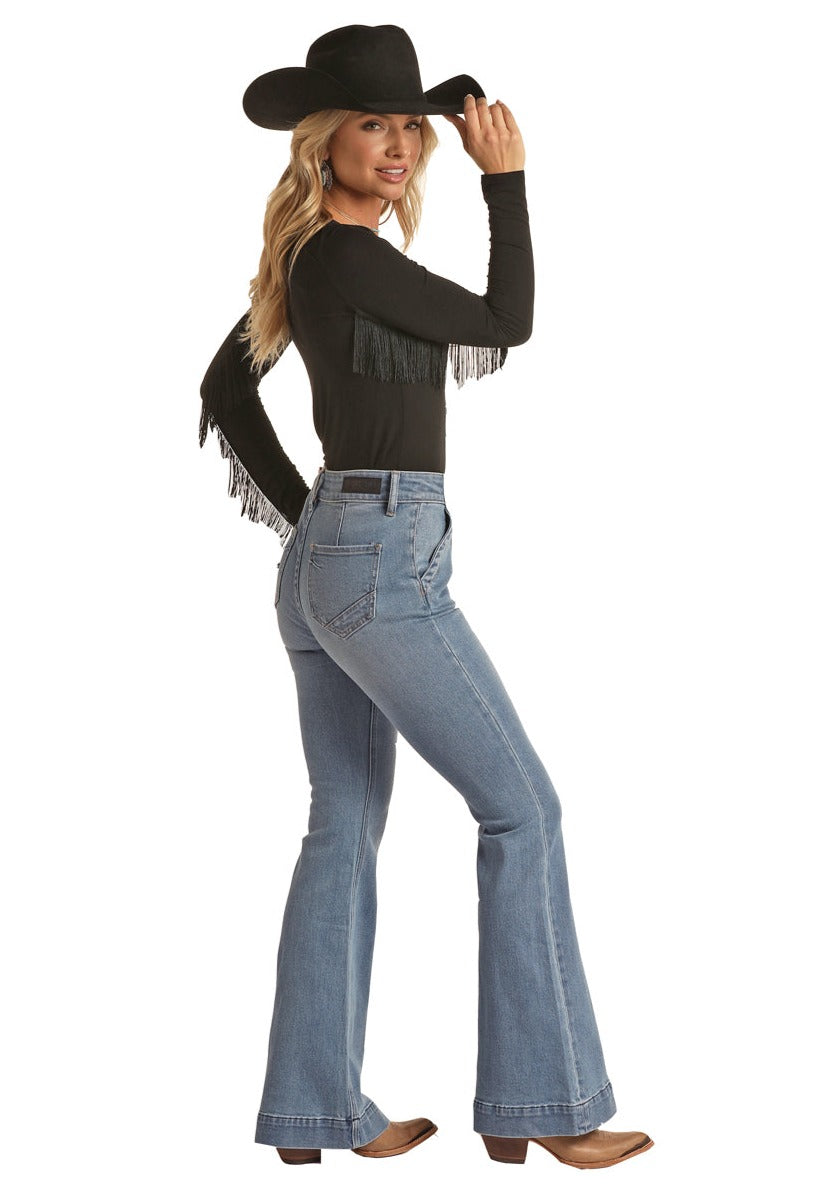 ROCK & ROLL LADIES HIGH RISE EXTRA STRETCH DART AND BUTTON FLARE JEANS