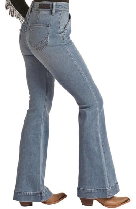 ROCK & ROLL LADIES HIGH RISE EXTRA STRETCH DART AND BUTTON FLARE JEANS